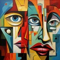 Harmonious cubist painting faces with vibrant facial elements. AI generation