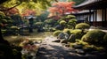 A harmonious and elegant view of a traditional Japanese garden with a koi fish and a bonsai tree