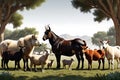 Harmonious Farm Animal Ensemble: Goat, Sheep, Buffalo, Cattle, Horse, Donkey, Hen