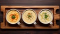 Harmonious Fusion: Three White Bowls Of Soup With Exquisite Sauces