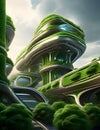 The harmonious intergration of nature and technology, a futuristic architectural building coexist with lush greenery, 3D rendering Royalty Free Stock Photo