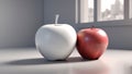 Two apples, one ceramic and the other real.