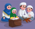 harmonious muslim family is learning to read quran. parents teach their children to read the quran Royalty Free Stock Photo