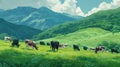 Harmonious rural scene grazing cows in peaceful valley with mountainous backdrop. Generated AI Royalty Free Stock Photo