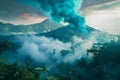 Harmonious scene of a volcano with neon blue smoke, lush greenery around, tranquil sunrise, soft focus, high angle overview