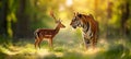 Harmonious tiger and deer coexistence in a sunlit forest, inspiring unity for conservation efforts