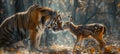 Harmonious tiger and deer encounter in sunlit forest, symbolizing unity for conservation campaign