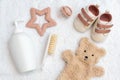 Newborn's world in a snapshot, top view of infant accessories arranged in an elegant flat lay, essential post-giving