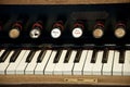 Harmonium. Pump organ. Antique Pedal Organ. Christian detaill - organ in church. Antique organ in chapel. Radomyshl. Vintage pedal