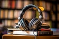 Harmonizing reading and listening, Headphones alongside book stacks, audio book concept