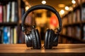 Harmonizing reading and listening, Headphones alongside book stacks, audio book concept