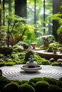 Harmony in Chaos: Tranquil Zen Garden with Sand Mandala, Bonsai Trees, and Water Fountain