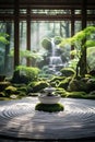 Harmony in Chaos: Tranquil Zen Garden with Sand Mandala, Bonsai Trees, and Water Fountain