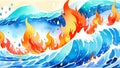 Harmony of elements: fiery flames and ocean waves in dynamic contrast