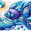 A harmony of fish in the ocean with cool colors, waves, bubbles, sun, scales, fins, tail, bold painting art, abstract design