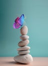 Harmony of Life Concept. Surrealist Butterfly on the Pebble Stone Stack. Metaphor of Balancing Nature and Technology. Calm, Mind,