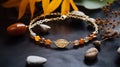 Harmony Of Nature: Gold Leaf Bracelet With Orange Gemstone