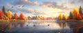 Harmony in Nature: serene panorama of a tranquil lakeside scene, where colorful autumn trees reflect on the calm waters panorama