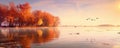 Harmony in Nature: serene panorama of a tranquil lakeside scene, where colorful autumn trees reflect on the calm waters panorama