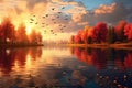 Harmony in Nature: serene panorama of a tranquil lakeside scene, where colorful autumn trees reflect on the calm waters