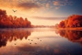 Harmony in Nature: serene panorama of a tranquil lakeside scene, where colorful autumn trees reflect on the calm waters