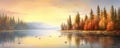 Harmony in Nature: serene panorama of a tranquil lakeside scene, where colorful autumn trees reflect on the calm waters panorama