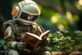 Harmony of nature and technology delightful robot enjoying a book in a serene summer meadow