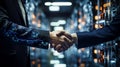 Futuristic Scene of Robot Hand Shaking Hands with Businessman: Collaboration in Technology within a Server Room. Generative Ai. Royalty Free Stock Photo