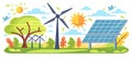 Harmony of renewable energy sources windmill, solar panel, and tree in natural environment Royalty Free Stock Photo