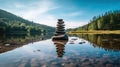 Harmony on the River: A Serene Zen Stone Tower Royalty Free Stock Photo