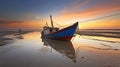 Harmony of Twilight, Low Tide Unveils a Stunning Sunset Backdrop for a Fishing Boat. Generative AI Royalty Free Stock Photo