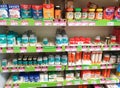 Interior of Superdrug store with display of Vitamins and Minerals. Royalty Free Stock Photo