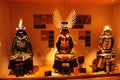 Harnesses of Ancient samurai warriors in dramatic light in a museum in Tokyo