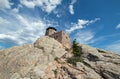 Harney Peak Fire Lookout Tower with stone steps in Custer State Park in the Black Hills of South Dakota