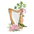 Harp with clover in botanical art watercolor illustration isolated on white. Painted shamrock and bird. Irish symbol and
