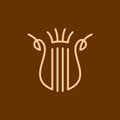 Harp with crown elegant line style music logo. Lyre symbol.