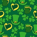 Harp, hat and clover on seamless pattern, bright patricks day symbols on dark green background Royalty Free Stock Photo