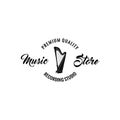 Harp icon. Music store emblem logo label. Premium quality inscription. Musical instrument. Vector.