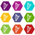 Harp icon set color hexahedron