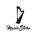 Harp musical instrument. Music Store logo label badge. Vector illustration.