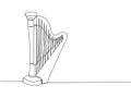 Harp one line art. Continuous line drawing of musical, melody, antique, culture, retro, tune, traditional, symphonic