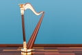 Harp on the wooden floor in the room, 3D rendering