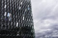 Harpa concert hall exterior and dramatic sky, Reykjavik, Iceland, July 2014