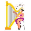 Harpist. Young female character in a beautifull dress playing a harp