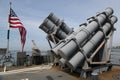 Harpoon cruise missile launchers on the deck of US Navy Ticonderoga-class cruiser Royalty Free Stock Photo