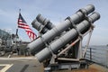 Harpoon cruise missile launchers on the deck of US Navy Ticonderoga-class cruiser Royalty Free Stock Photo