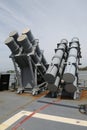 Harpoon cruise missile launchers on the deck of US Navy Ticonderoga-class cruiser Royalty Free Stock Photo