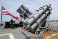 Harpoon cruise missile launchers on the deck of US Navy Ticonderoga-class cruiser Royalty Free Stock Photo