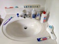 Harrisburg, PA - August 31, 2019 -Clean bathroom vanity with personal hygiene items