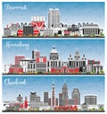 Harrisburg Pennsylvania, Cleveland Ohio and Bismarck North Dakota City Skyline Set